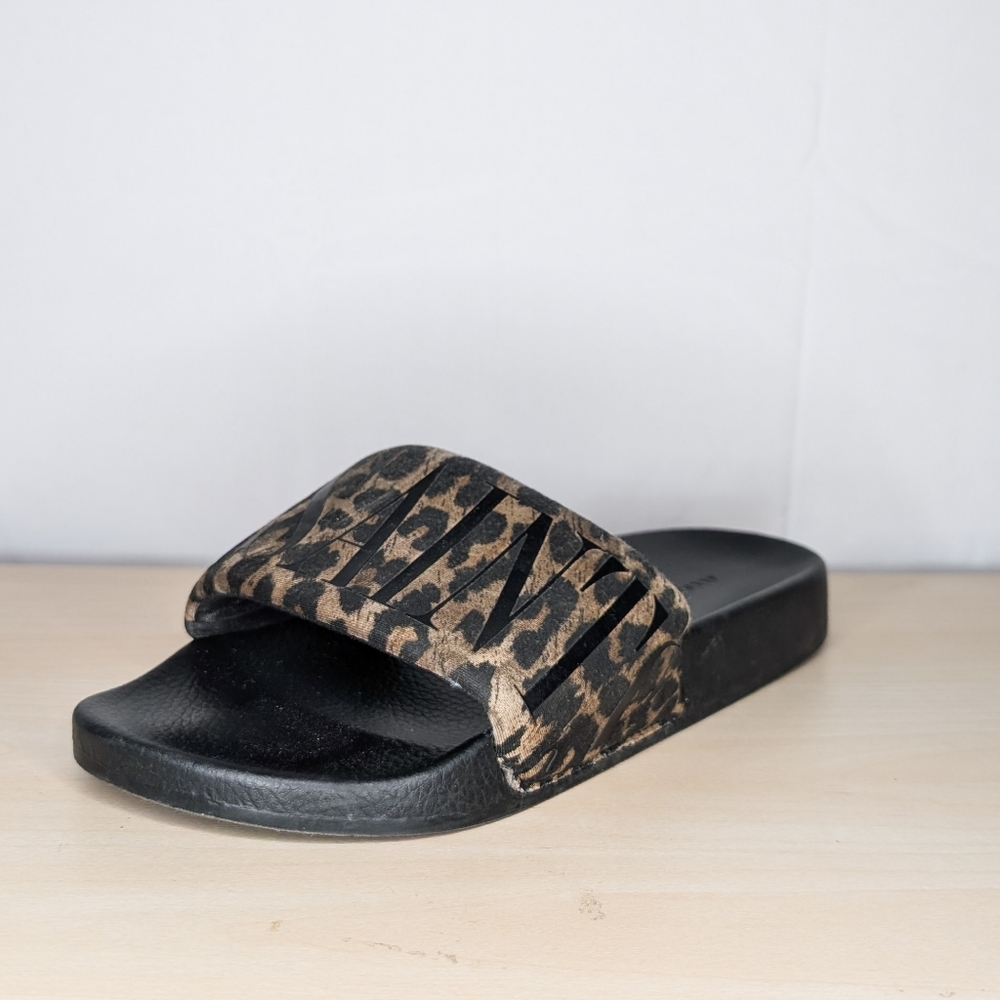 All Saints Black and Brown Leopard Slide Sandals